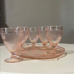 Vintage Jeannette Glass Pink Depression Tray Juice Bar Drink Set Serving